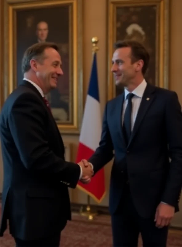 Emmanuel Macron shaking hands with Friedrich Merz in a formal setting.