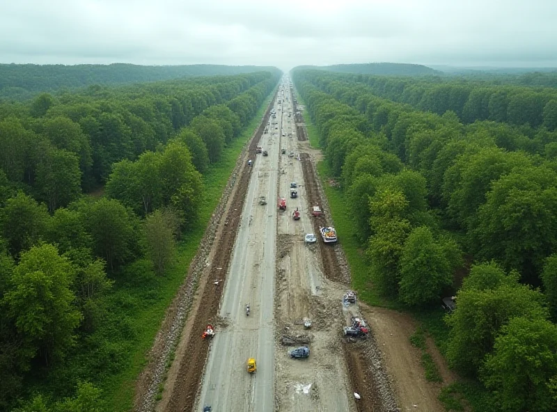 Aerial view of highway construction site with environmental protesters nearby.