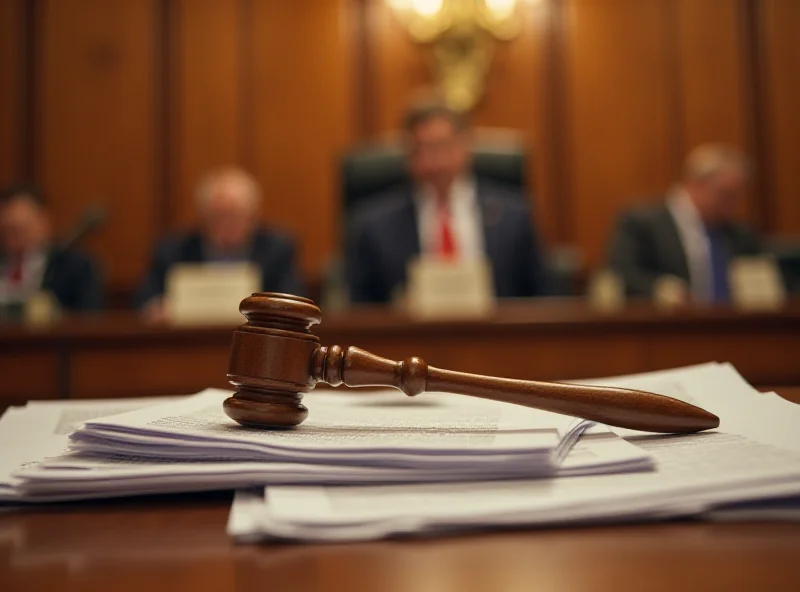 Gavel resting on a stack of official documents with a blurred background of a city council meeting.