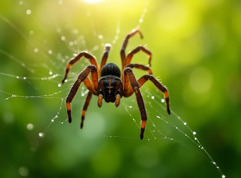 Close-up photo of a large funnel-web spider in a garden, with dew drops on its web, illuminated by soft morning light. The spider is dark brown and menacing-looking.