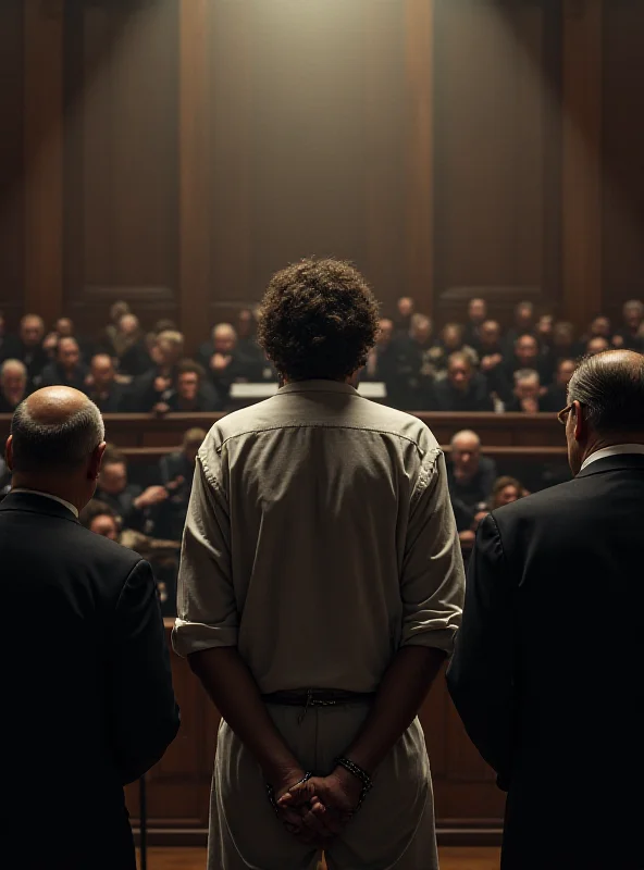 A dramatic courtroom scene with a judge in the center delivering the verdict, surrounded by lawyers, jury, and a sorrowful crowd. The defendant is shown in shackles, looking downcast. The lighting is somber and the atmosphere tense.