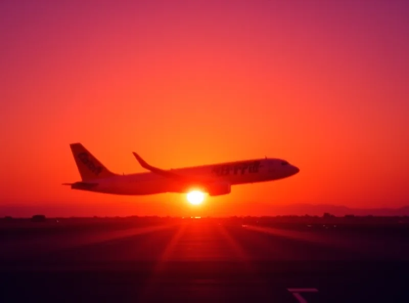 Spirit Airlines plane taking off at sunset.