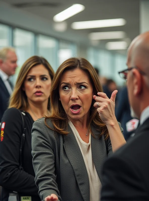 An upset woman arguing with airport staff.