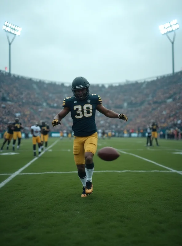 A football field with a player punting the ball.