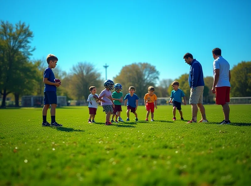 Young children playing football on a green field with coaches observing.