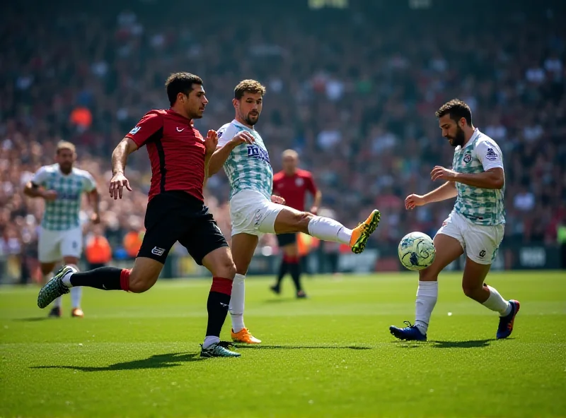 A football player kicking the ball during a match, with other players and the stadium in the background.