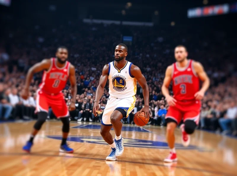 Golden State Warriors player dribbling the ball down the court during a game at Madison Square Garden, with Knicks players defending.