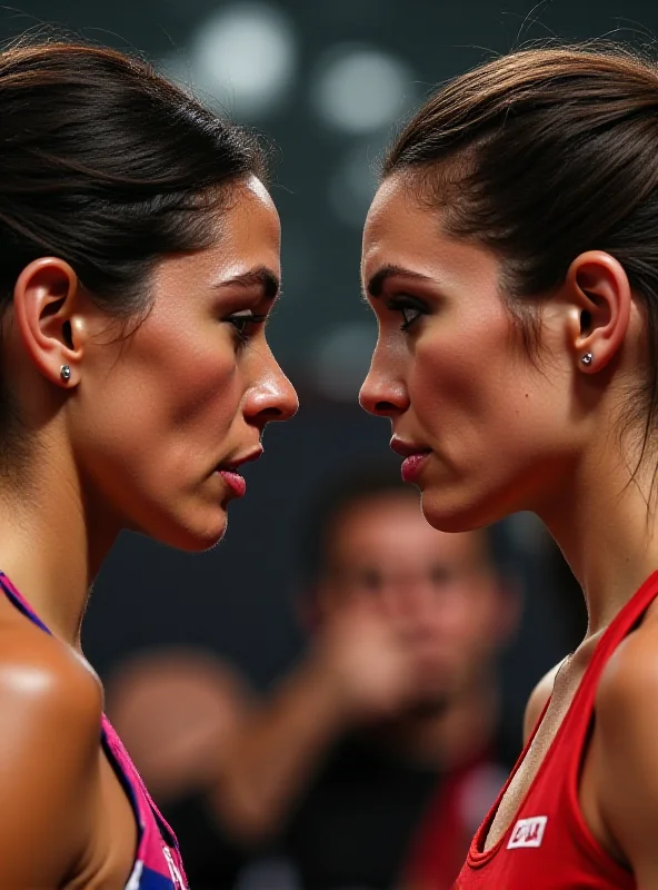 Katie Taylor and Amanda Serrano facing off during a press conference with boxing gloves on and intense expressions.