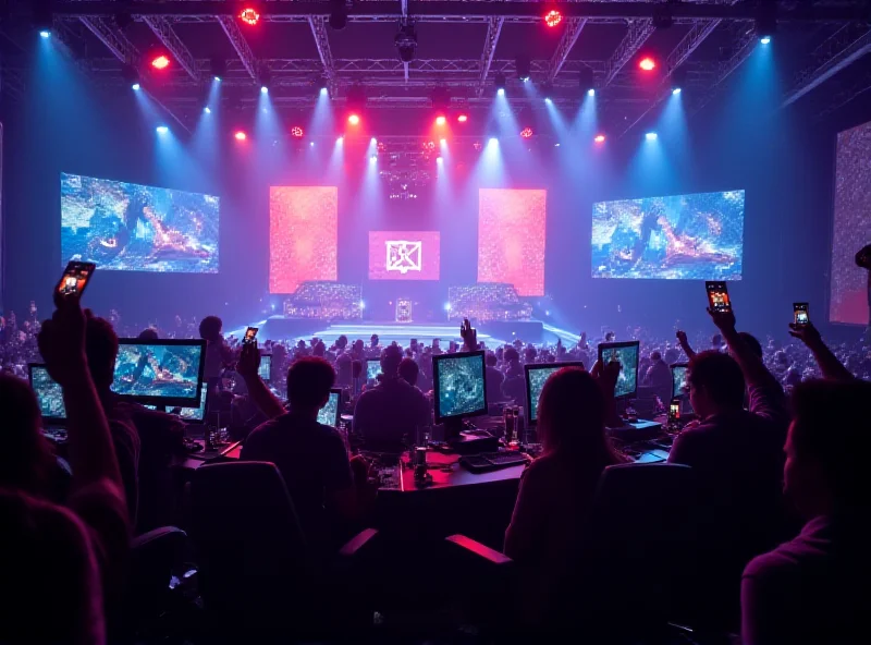 A vibrant and dynamic scene from a Dota 2 esports tournament, showcasing the intense competition and excited crowd.