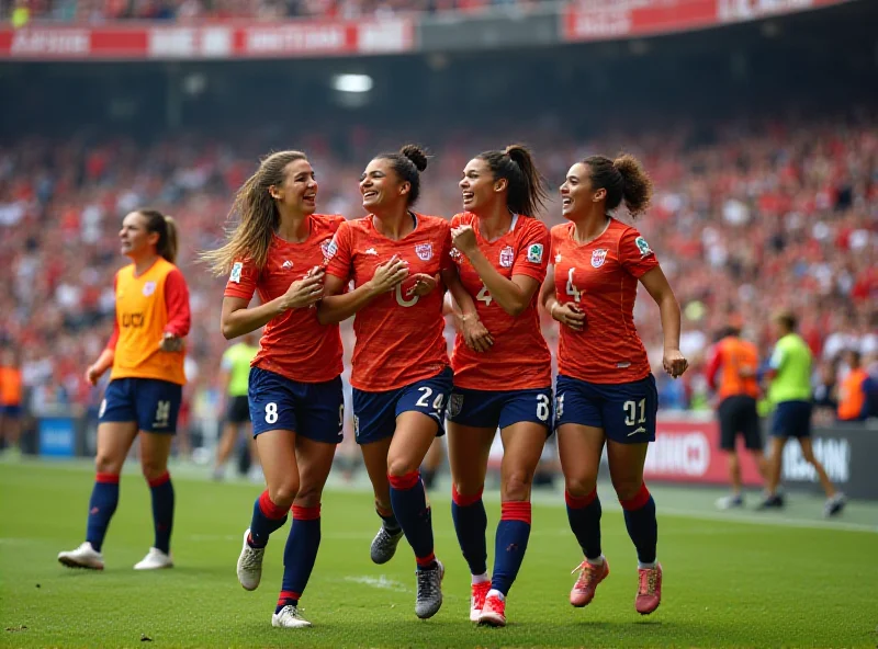 A group of women football players celebrating a goal during a match, with a stadium full of cheering fans in the background. The players are wearing colorful jerseys and the atmosphere is energetic and vibrant.