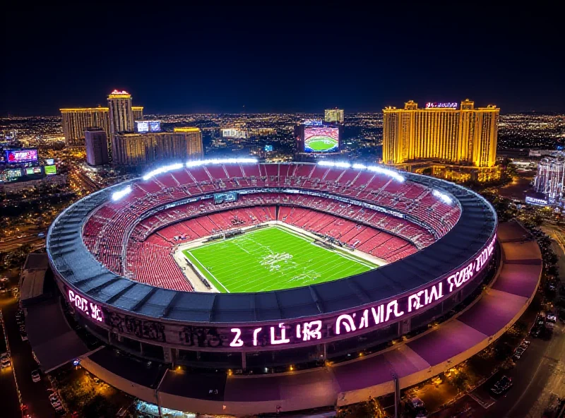 A panoramic view of Allegiant Stadium in Las Vegas, illuminated at night with bright lights and signage. The stadium is surrounded by the vibrant cityscape of Las Vegas, showing casinos and hotels in the background. The atmosphere is energetic and exciting.