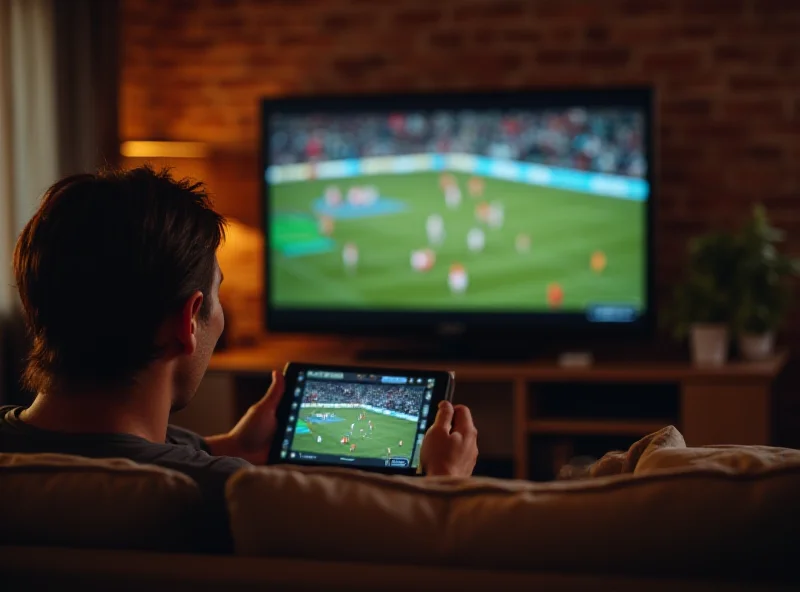 A person sitting on a couch, holding a tablet and watching a sports game. The person is smiling and appears to be enjoying the game. The living room is cozy and comfortable, with a warm and inviting atmosphere.