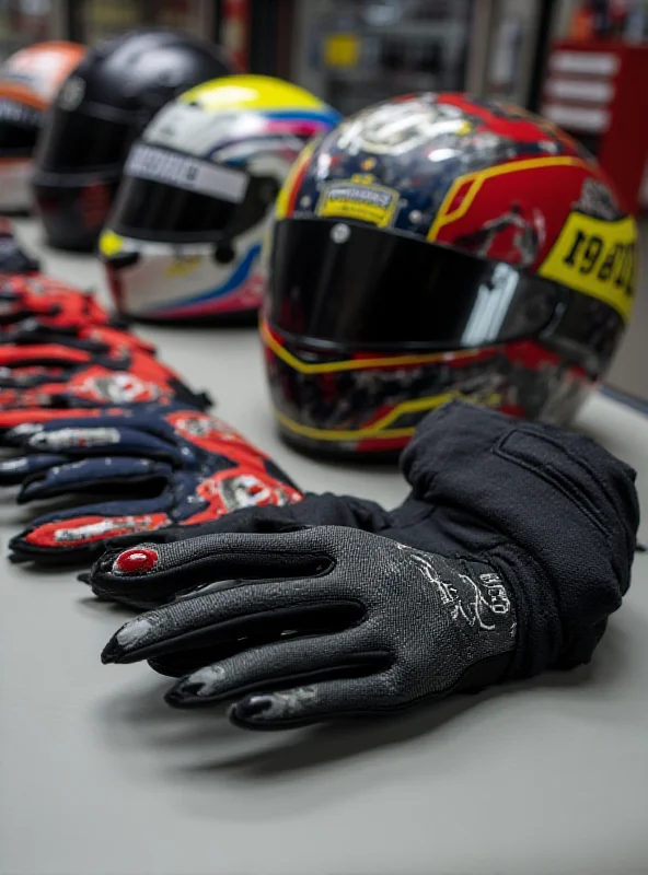 A variety of racing helmets and gloves displayed on a table