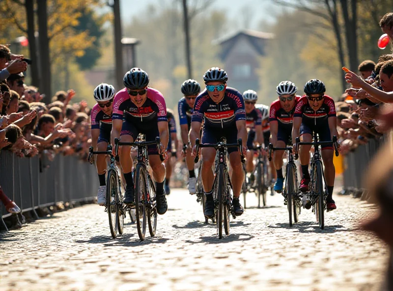 Cyclists racing on a cobblestone road during Omloop Het Nieuwsblad