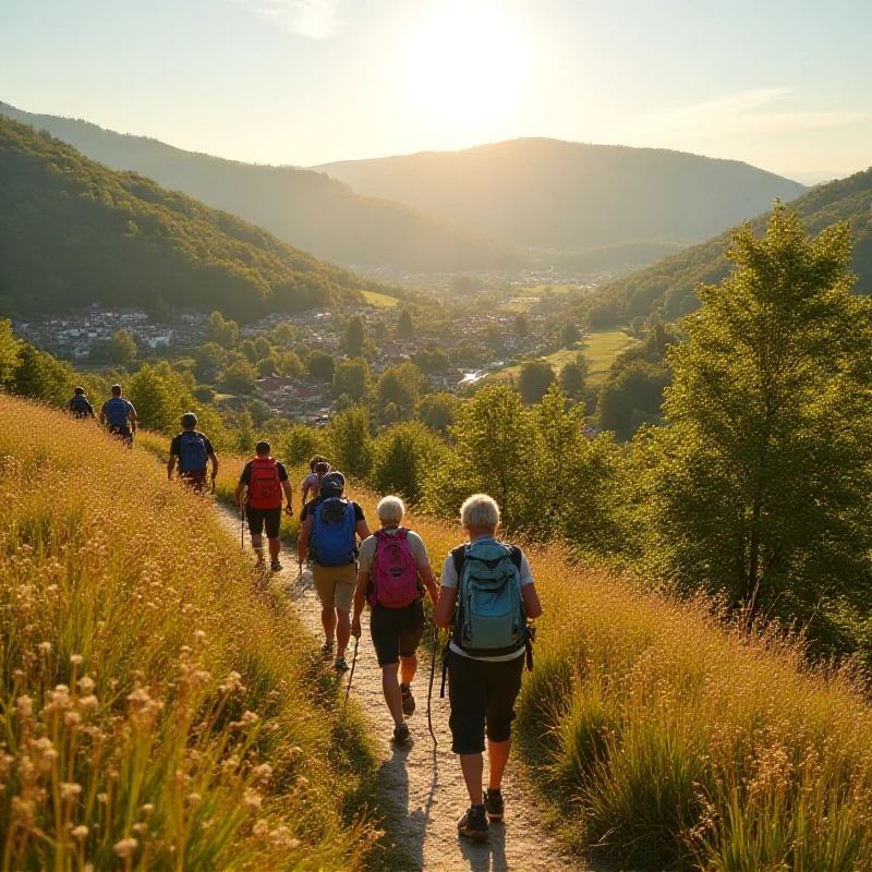 A group of people walking through a scenic landscape during the Hagelandse event