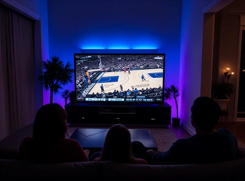 A living room with Govee smart lighting synchronized with a Dallas Mavericks game on TV.