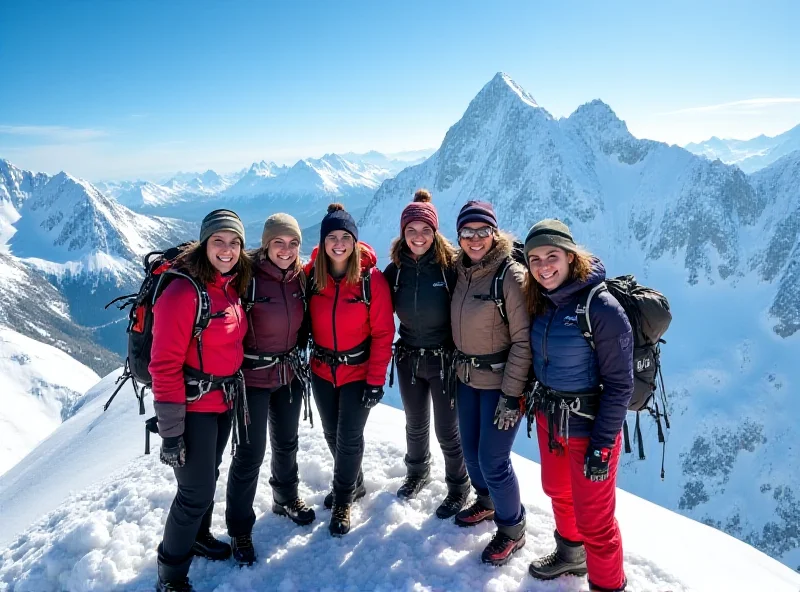 A group of women mountaineers standing on a snow-covered peak in Chamonix, France.