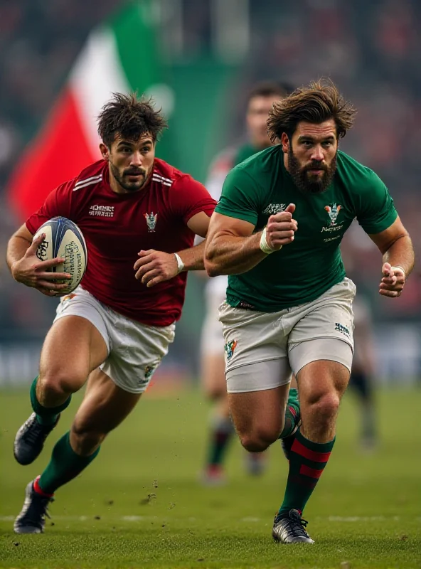 A dynamic action shot of Tommaso Menoncello and Juan Ignacio Brex running with the rugby ball during a Six Nations match, with the Italian flag subtly in the background.