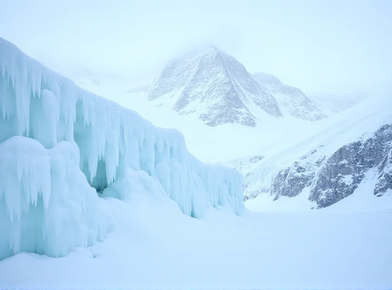 A picturesque landscape photo of the Punta d'Oberettes ice wall in Val di Mazia, Italy, with snow-capped peaks and a steep, icy slope. The image conveys the challenging and dangerous environment of the mountain.