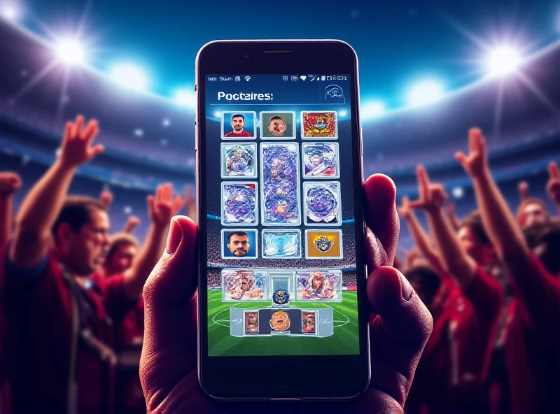 Illustration of the UEFA Champions League Squares game interface on a mobile phone, with a vibrant stadium background.