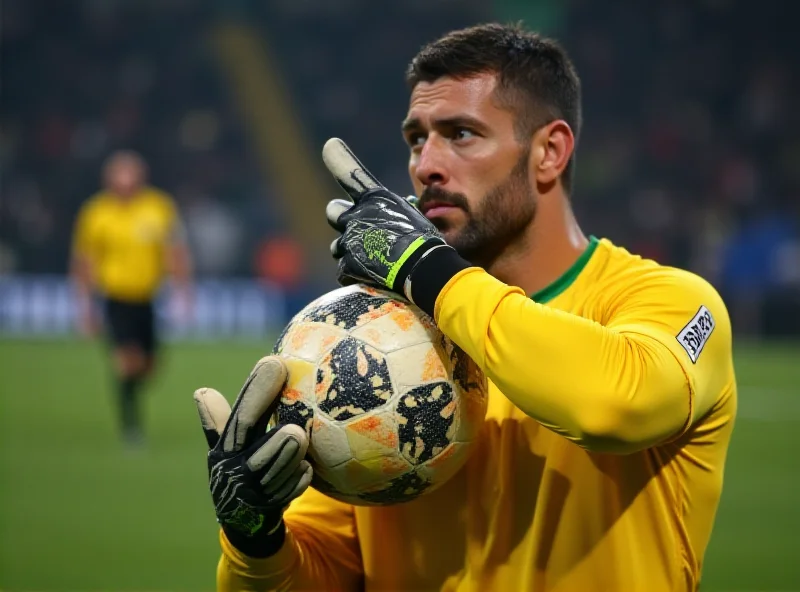 A football goalkeeper holding the ball in their hands, looking at the referee with a concerned expression, suggesting the pressure of the new eight-second rule.