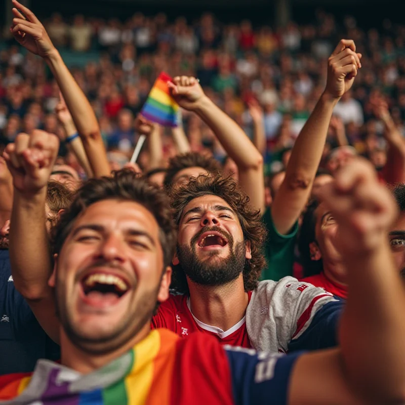 A diverse group of sports fans cheering together in a stadium, with a rainbow flag subtly visible in the background, symbolizing inclusivity and support.