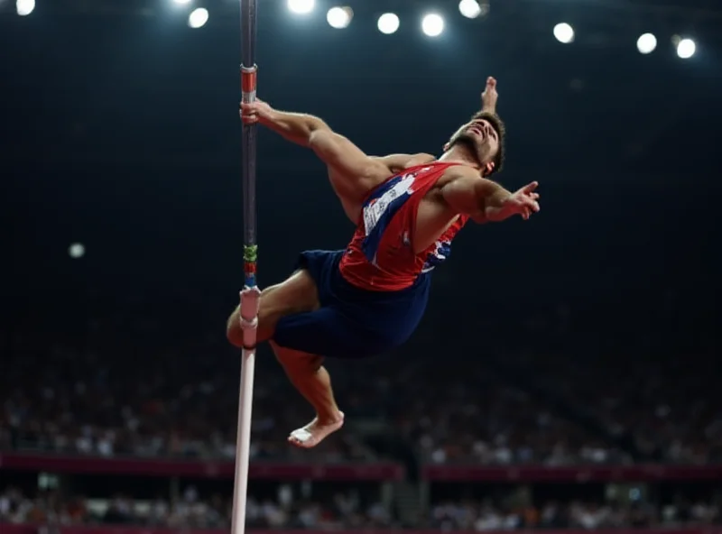 Renaud Lavillenie in action during a pole vault competition. He is in mid-air, clearing the bar with determination. The background shows a stadium filled with spectators.