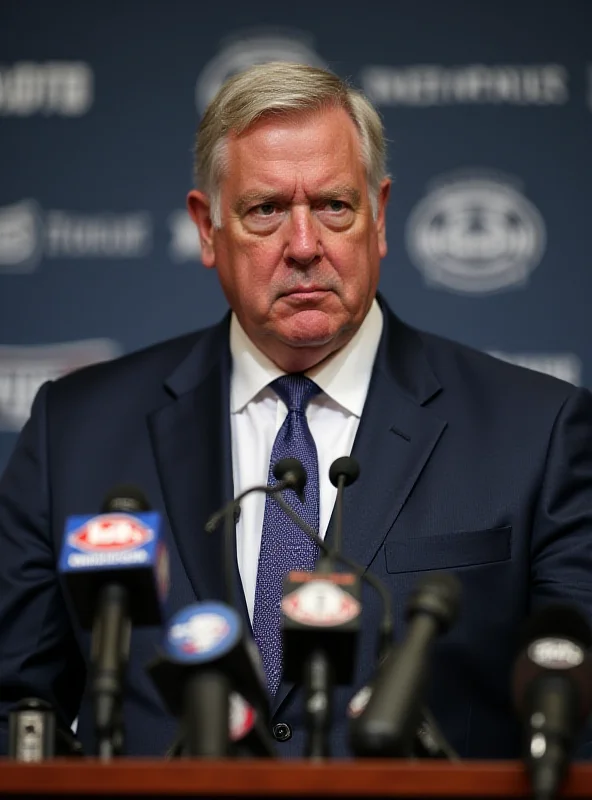 A concerned looking football executive at a press conference. There are microphones from various news outlets in front of him.