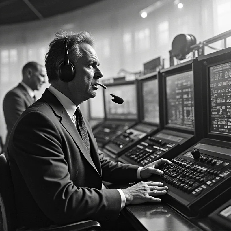 A black and white photograph of a classic Italian football commentator in the broadcast booth during a match, passionately describing the action.