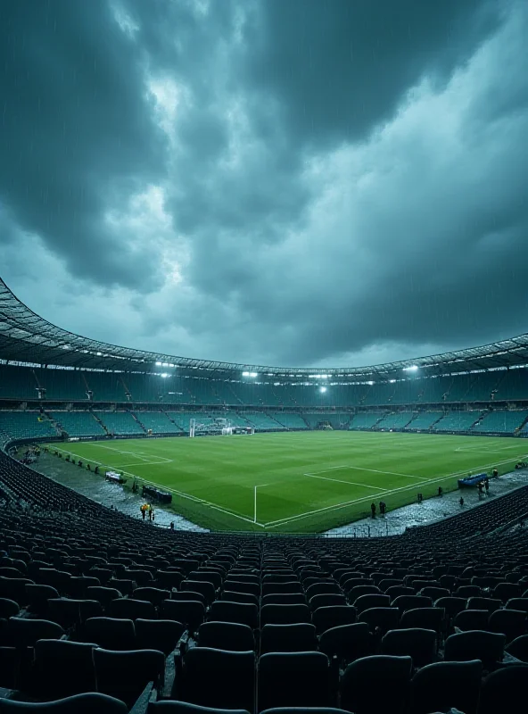 Empty soccer stadium under a stormy sky with dark clouds.