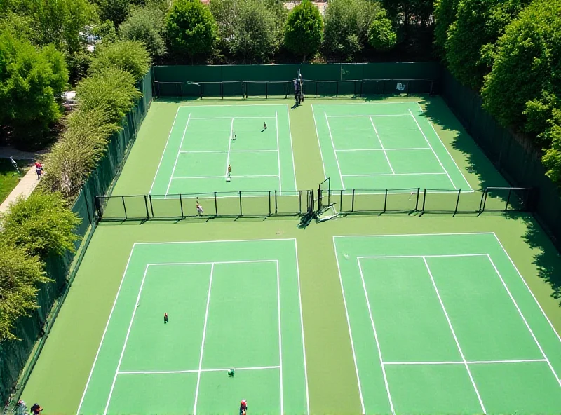 An aerial view of several padel courts with players in action on each court. The courts are brightly lit and surrounded by green space. The image conveys a sense of activity and modern sports infrastructure.