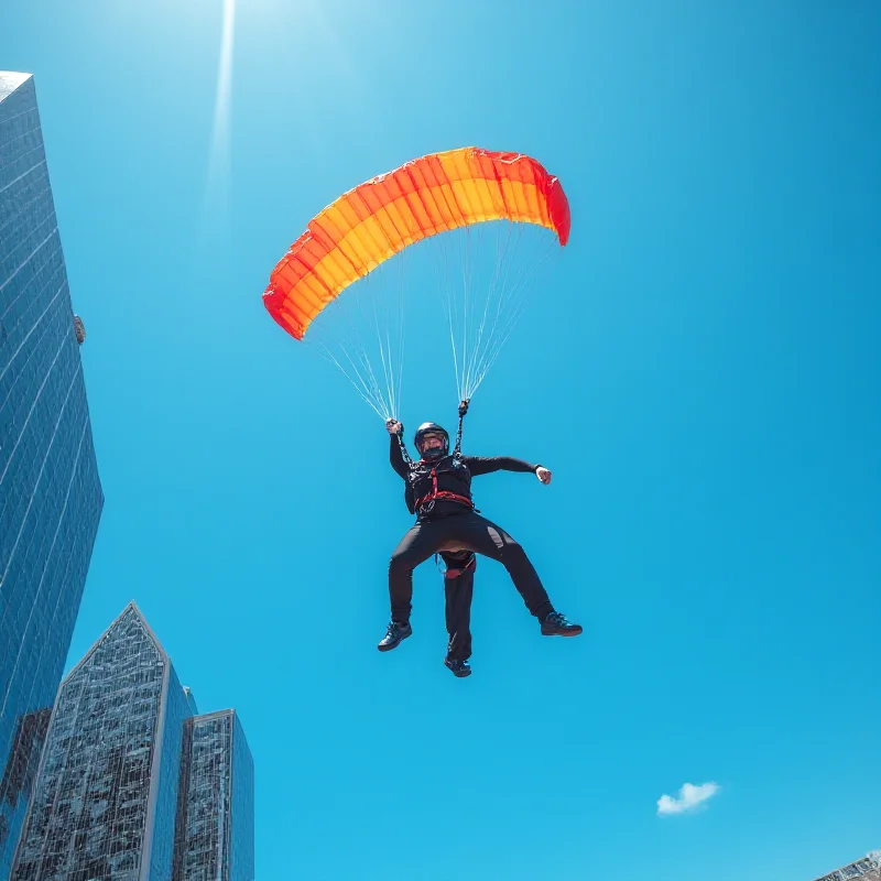 A low-angle shot of a base jumper in mid-air, with a colorful parachute fully deployed. The background features a towering skyscraper and a clear blue sky. The image captures the thrill and danger of the sport.