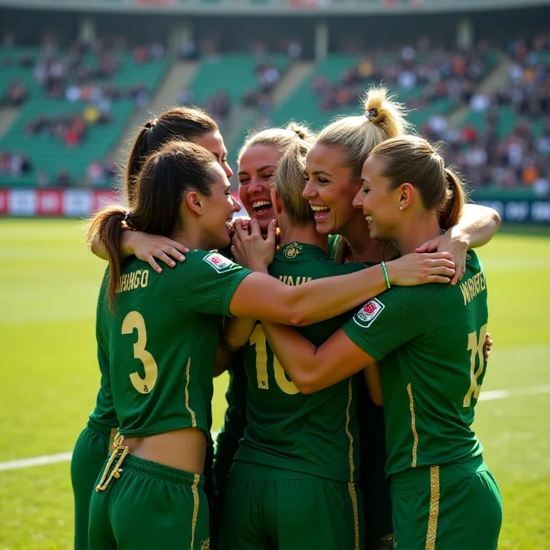 A group of female football players celebrating a goal