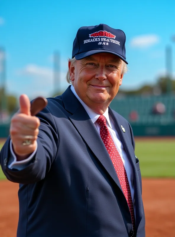 Donald Trump wearing a baseball cap and giving a thumbs up, with a baseball stadium in the background.