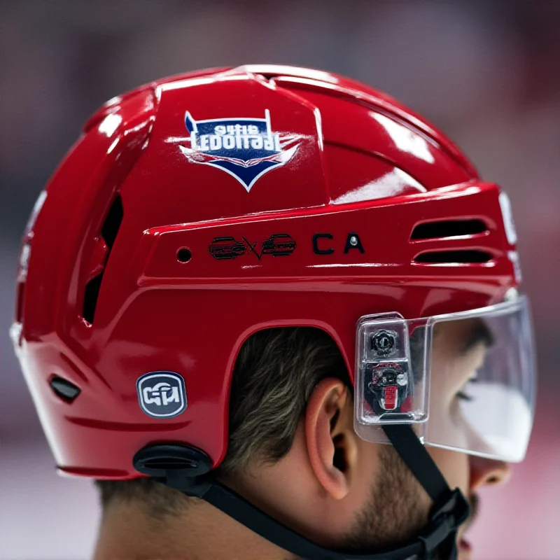 A close-up of a Washington Capitals helmet with a small, respectful decal honoring the victims of the DCA plane crash.