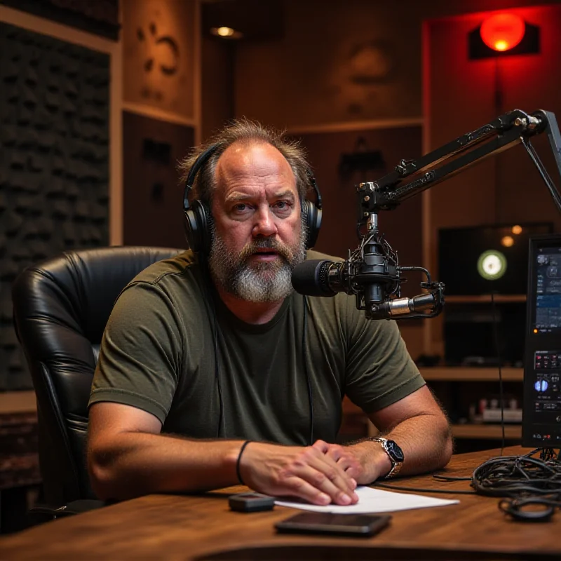 Joe Rogan speaking into a microphone during a podcast recording.