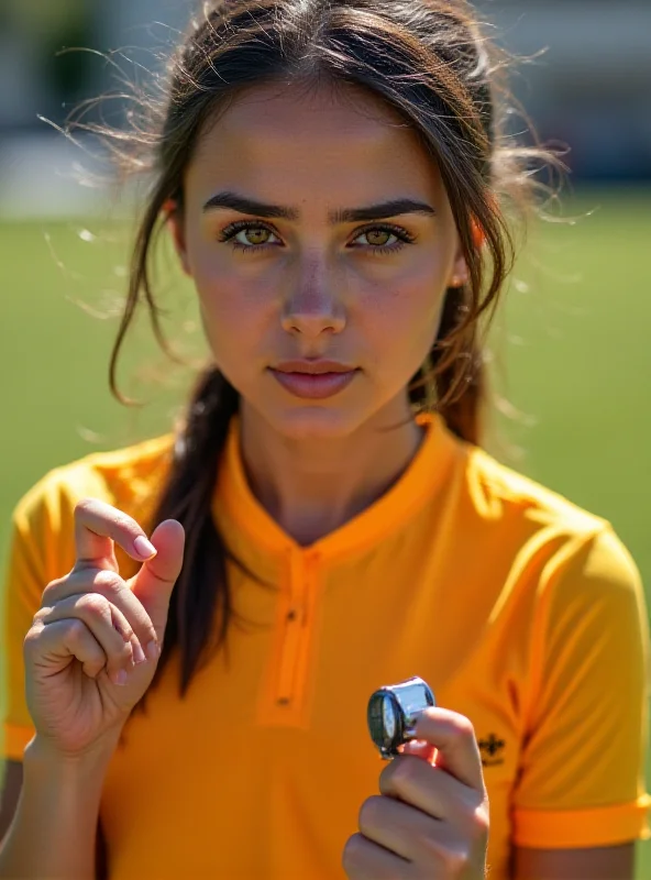 A young female referee with a determined expression on her face