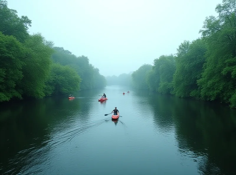 A calm river scene with paddleboards in the distance, a sense of foreboding