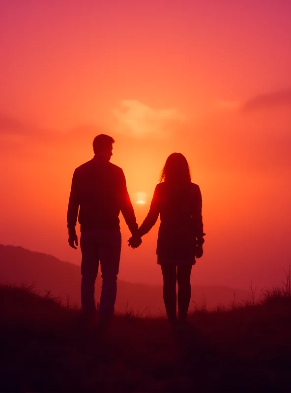 A silhouette of a loving couple, holding hands, with a warm sunset in the background.