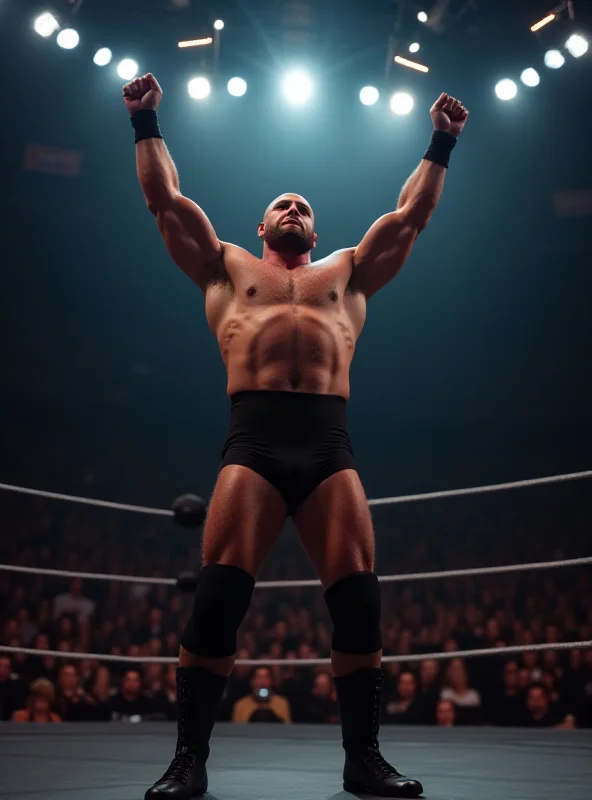 A small, muscular wrestler standing triumphantly in a wrestling ring, arms raised in victory.