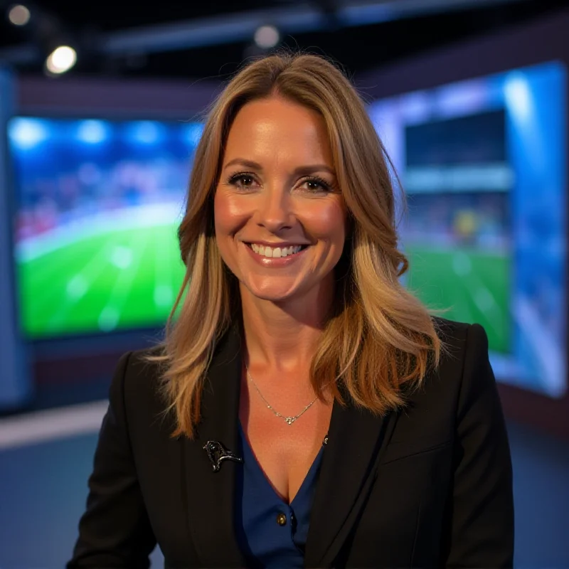 Gabby Logan smiling confidently in a television studio, with sports graphics visible in the background.