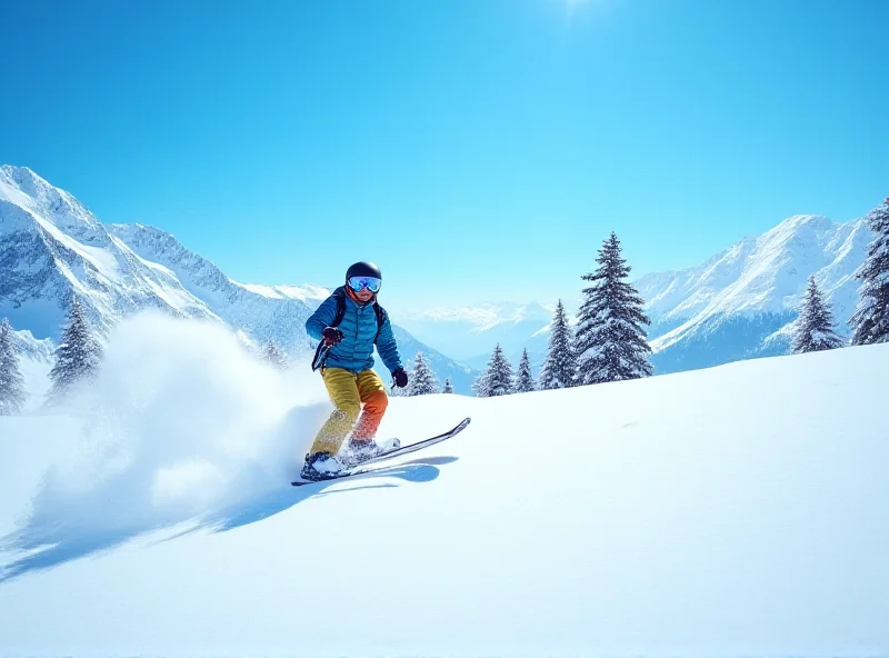 A person skiing down a sunny mountain slope with snow-capped peaks in the background