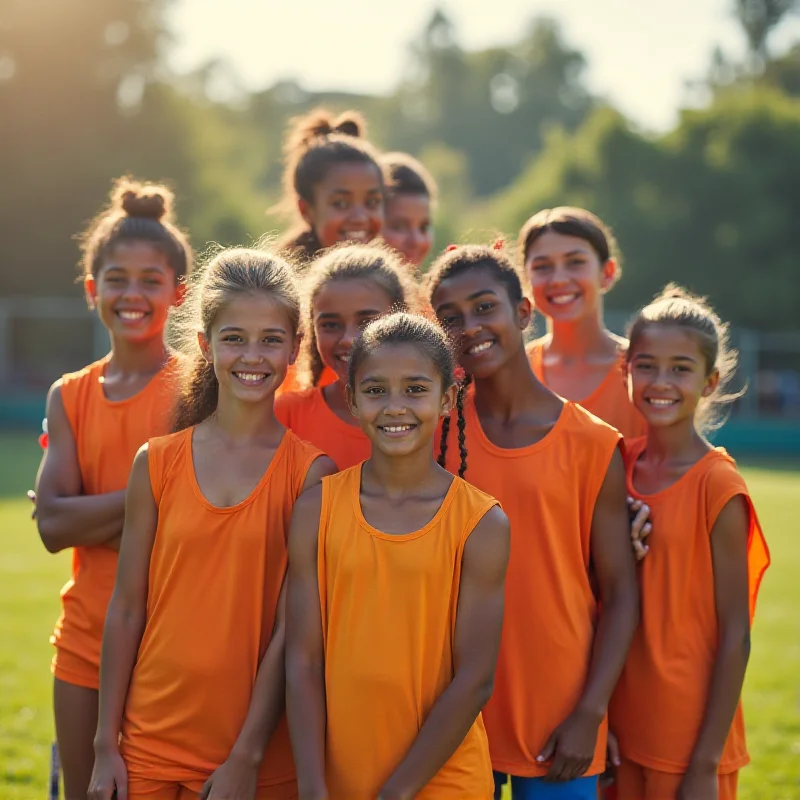 A diverse group of young athletes smiling and posing for a group photo