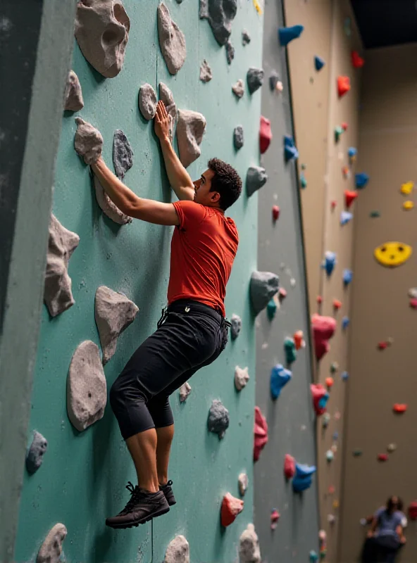 A person bouldering on an indoor climbing wall