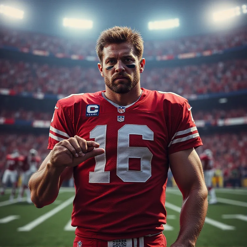 Aaron Rodgers in a New York Giants uniform, looking determined, standing on a football field.