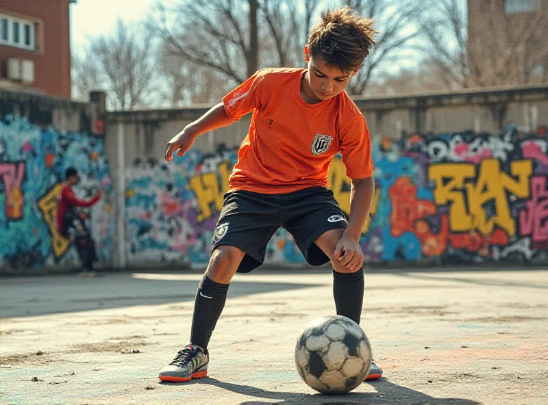 A young football player skillfully maneuvering the ball on a street football pitch, with vibrant graffiti art in the background.