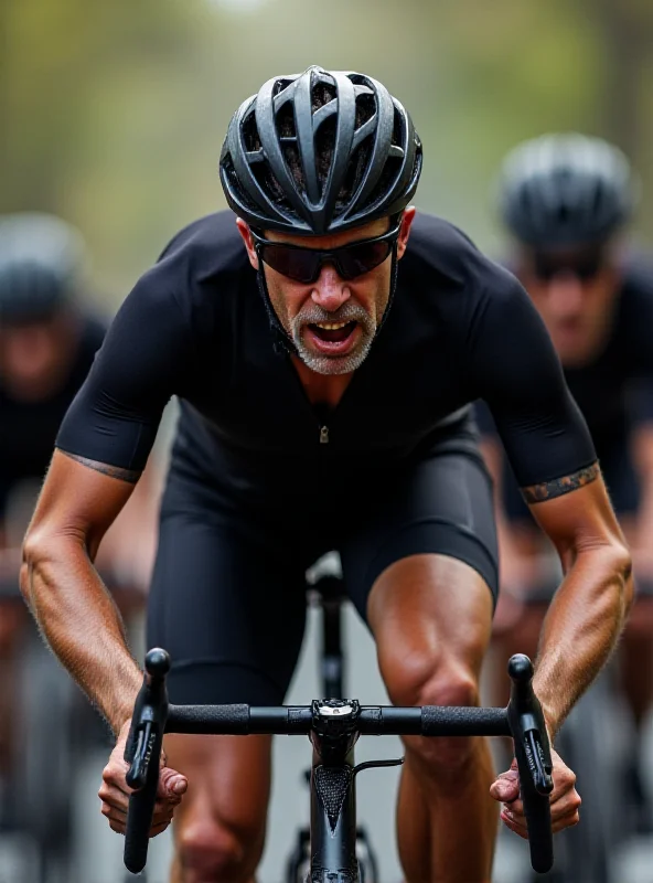 A cyclist, Ian Stannard, riding aggressively during a race, with determined expression and other cyclists closely behind him.