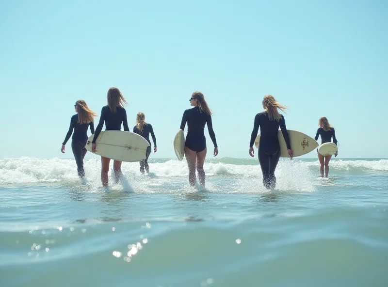 A group of female surfers paddling out into the ocean