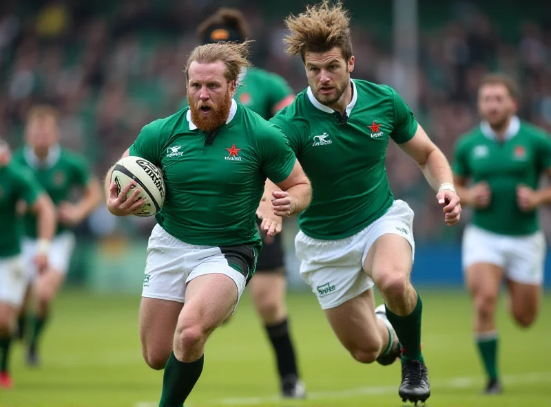 Hugo Keenan celebrating a try for Ireland during a rugby match.