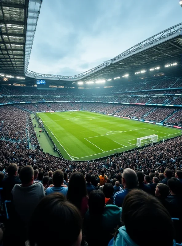 A wide shot of the Etihad stadium during a Manchester City FA Cup match, with Plymouth Argyle fans visible in the stands.